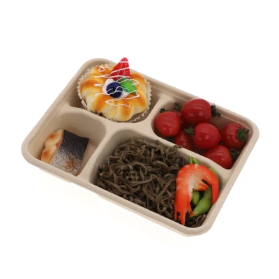 Disposable Biodegradable 4 Compartment Sugarcane Bagasse Tray Square Containers Fast Food Lunch Box Packaging